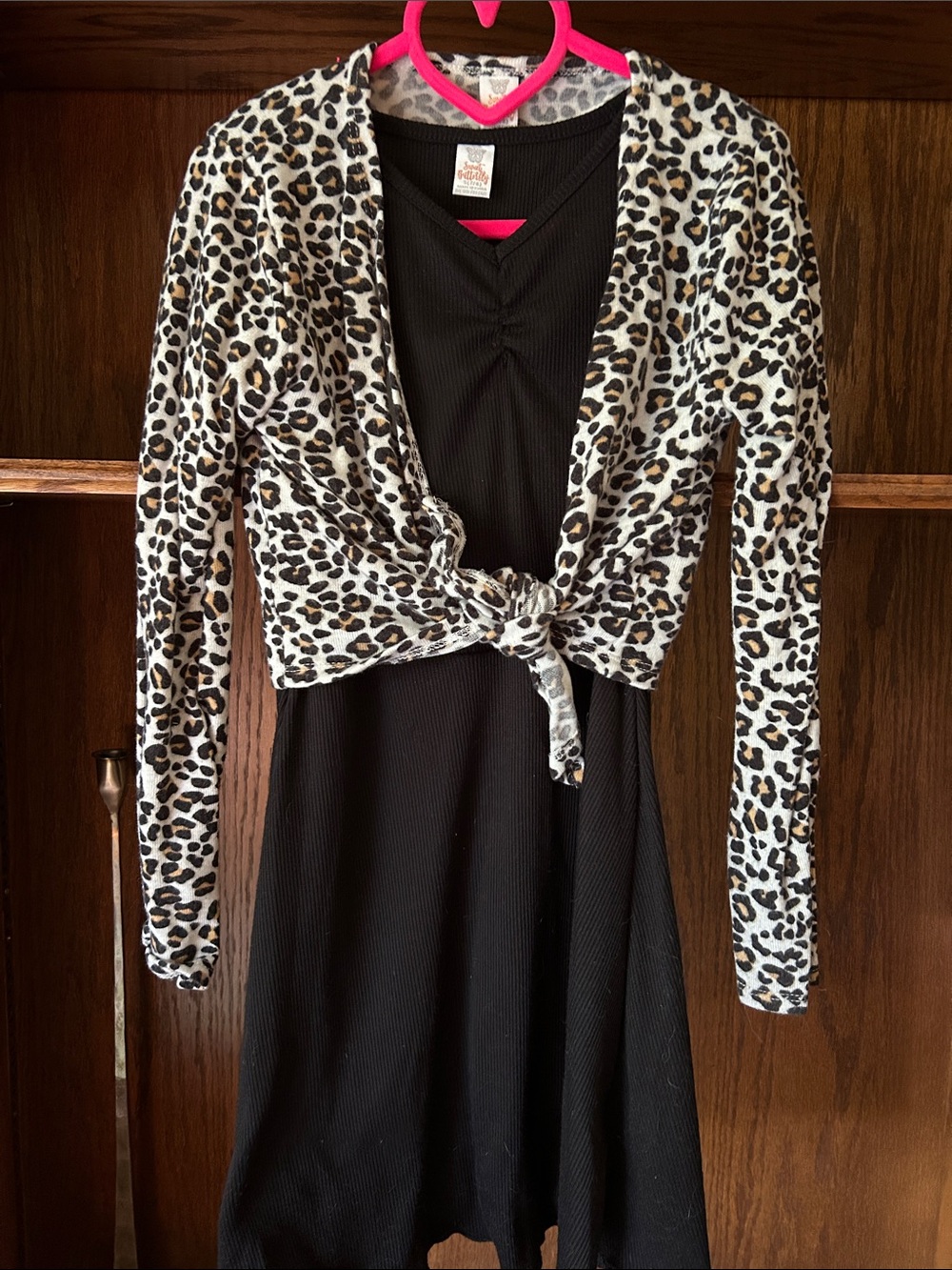 Black Dress with Leopard Tie-Front Shrug - Kids size S 7/8